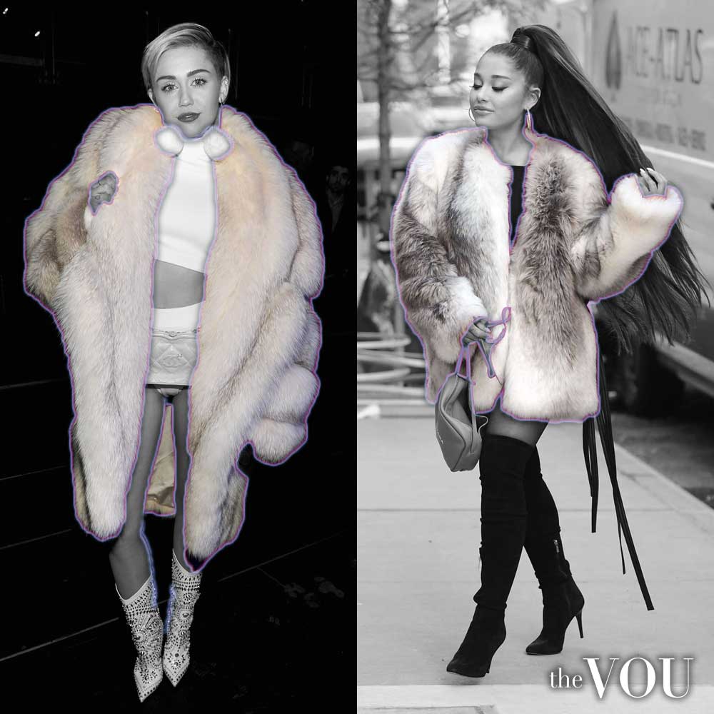Miley Cyrus and Ariana Grande in faux fur coat