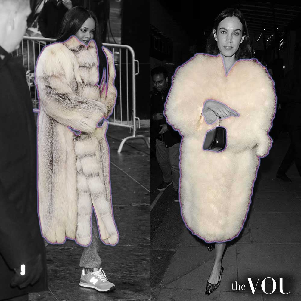 Rihanna and Alexa Chung in white fur coats