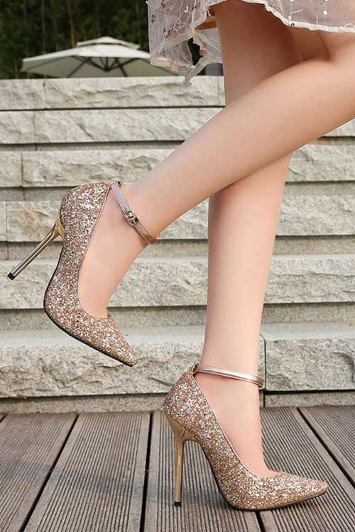 Women'S Fashionable Sequins High Heels, Casual Ankle Strap Pumps
