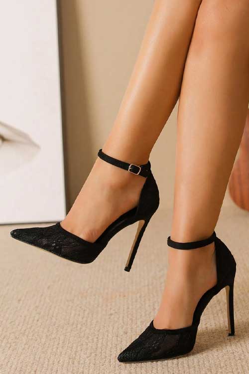 Women's Black High Heels, Lace & Thin Heel Detail Single Shoes