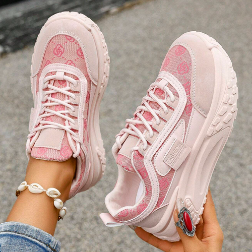 Breathable Pink Mesh Sneakers With Thick Sole For Sports, Protection, Running And Casual Wear For Women In Summer