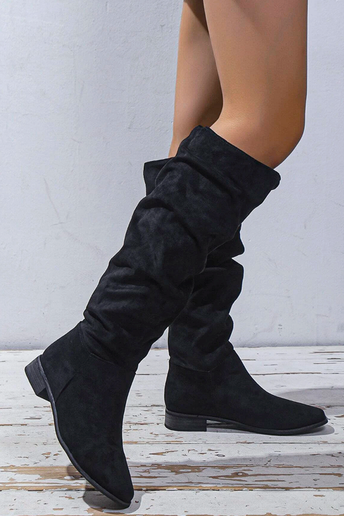 Elegant Black Solid Color Folded Wrinkle Ankle Booties Slip-on Casual Boots
