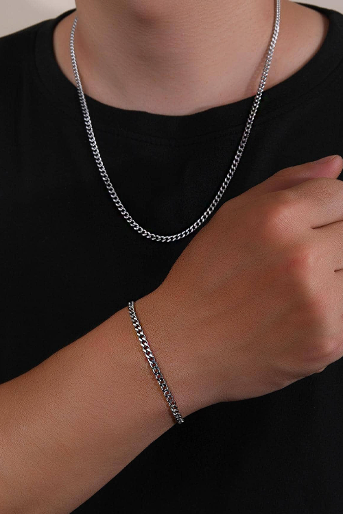 Hip Hop Minimalist Chain Bracelet And Necklace, Stainless Steel Chain Jewelry Set