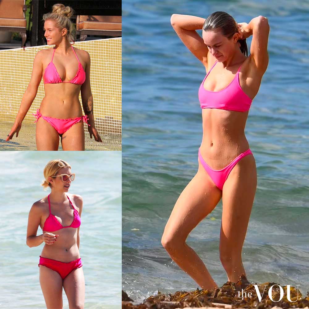 Madeline Holtznagel, Emma Roberts, Helen Flanagan hot pink swimsuit