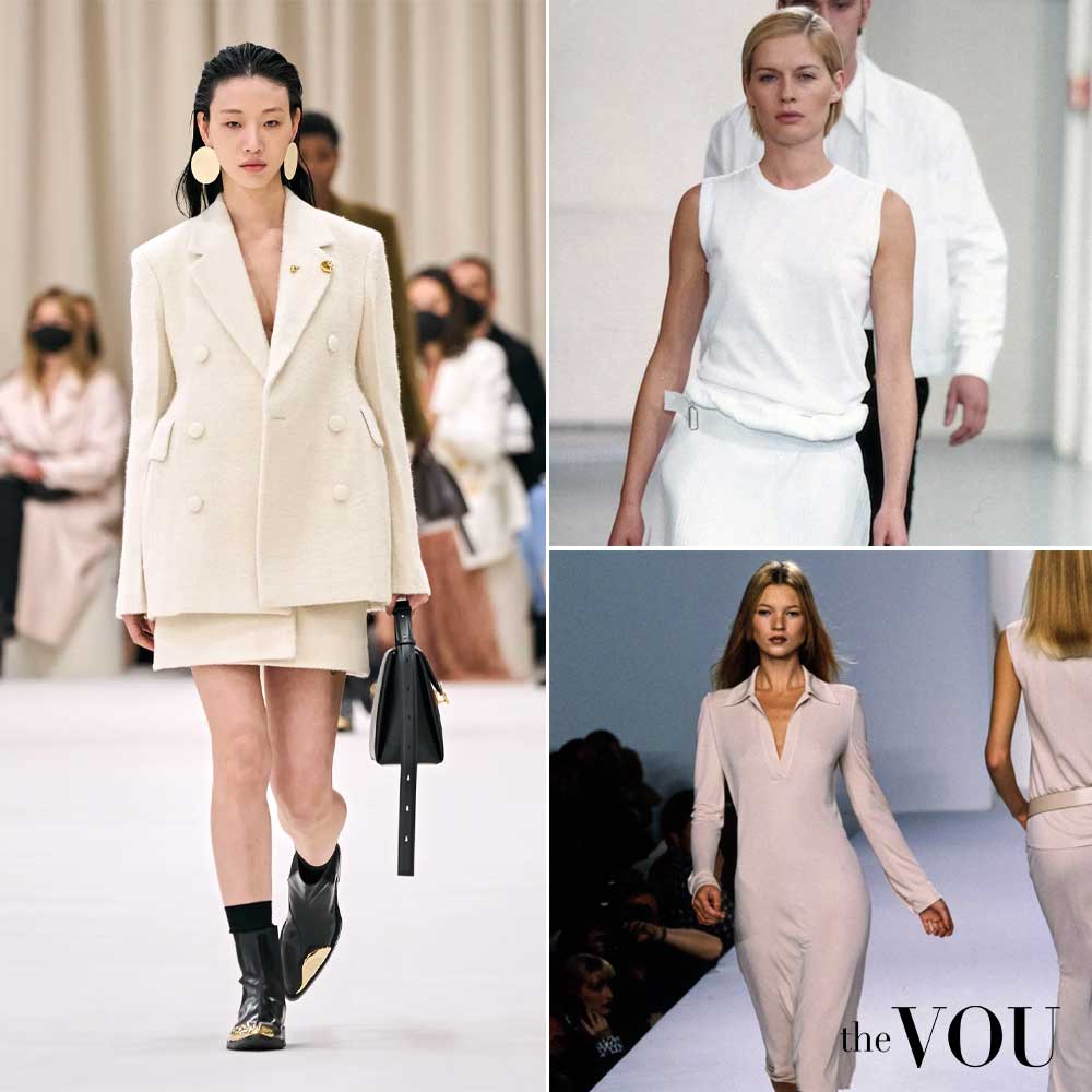 Jil Sander's architectural tailoring, Helmut Lang's industrial silhouettes, and Calvin Klein's monochromatic color schemes