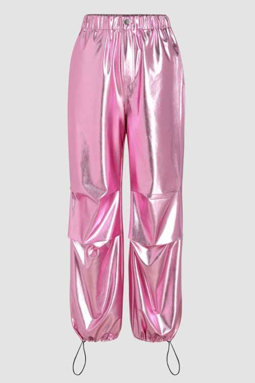 Metallic Solid Parachute Pants in pink