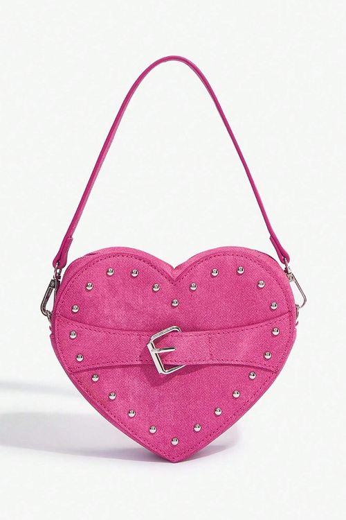 Pink Denim Love Heart Shape Ladies Handbag With Rivet Decoration