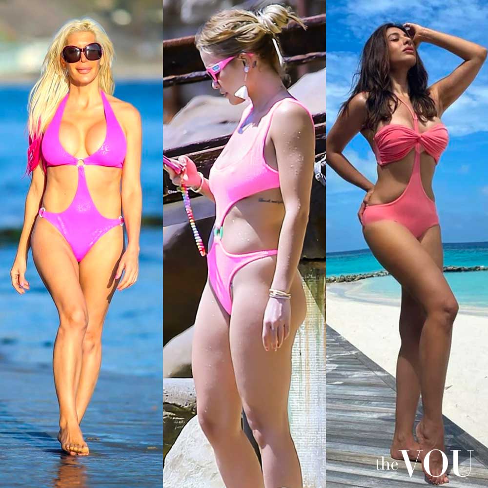 Rita Ora, Angelique 'Frenchy' Morgan, Sophie Choudry One Piece Barbie Pink Swimsuit