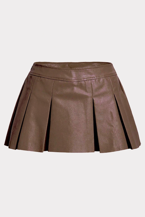 Solid PU Leather Pleated Mini Skirt