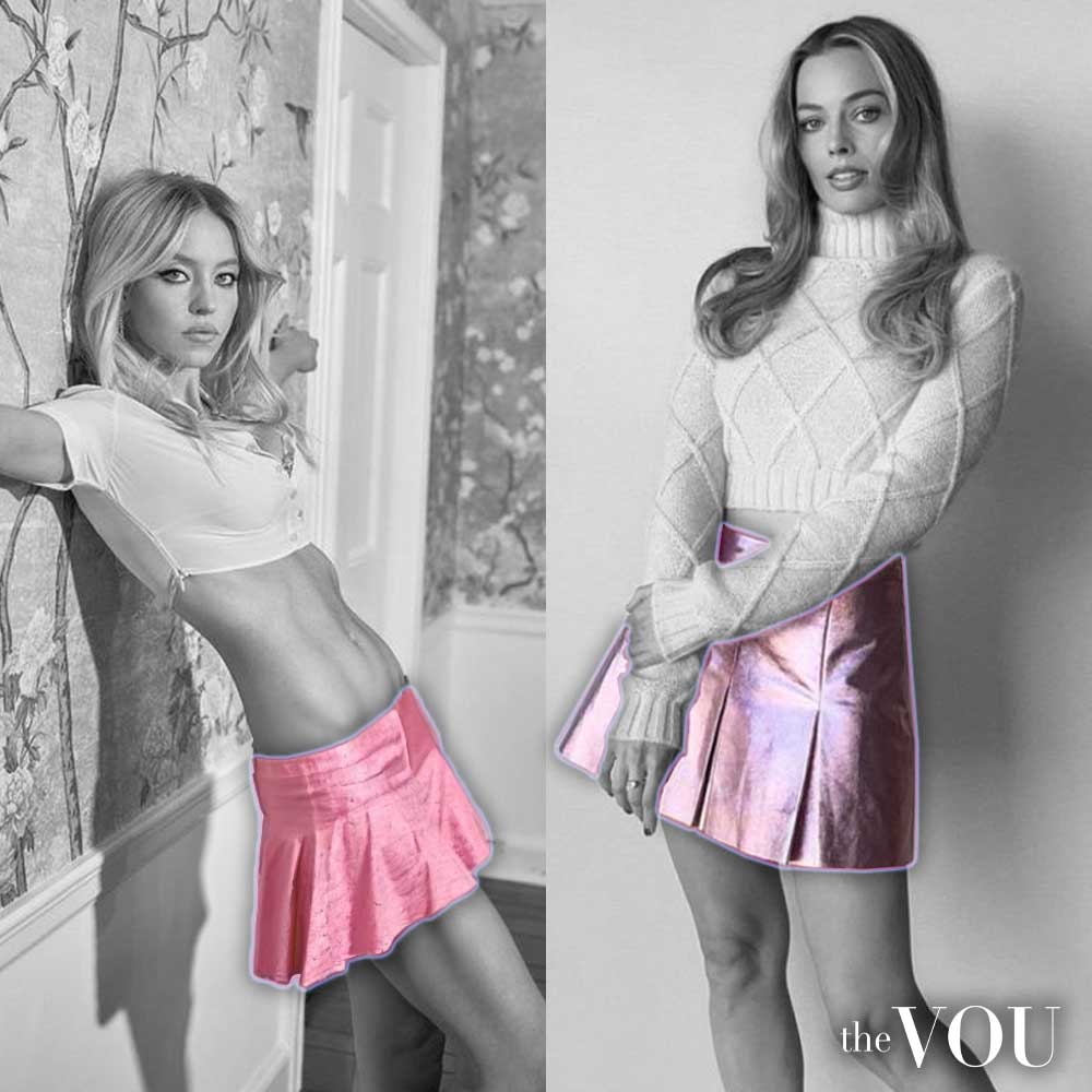 Sydney Sweeny and Margot Robbie in pink miniskirts