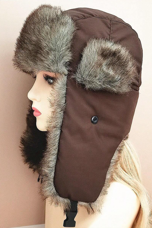 Women's Coffee Brown Faux Rabbit Fur Aviator Hat With Large Head Circumference, Fashionable Windproof Cap