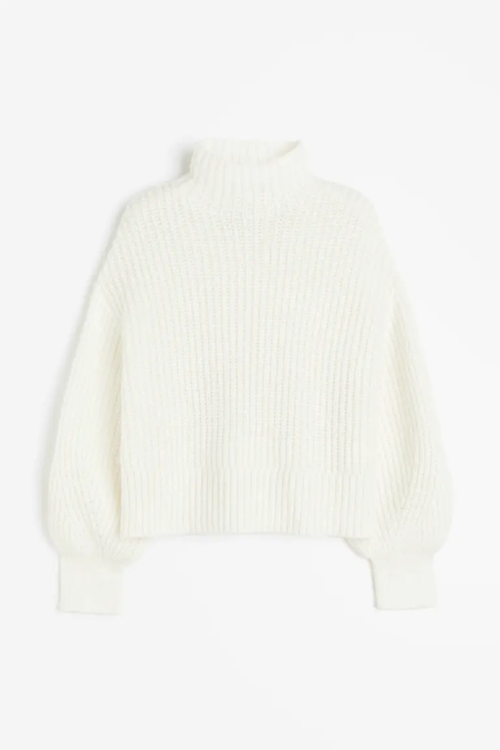 Balloon-sleeved knitted turtleneck cropped Sweater in white