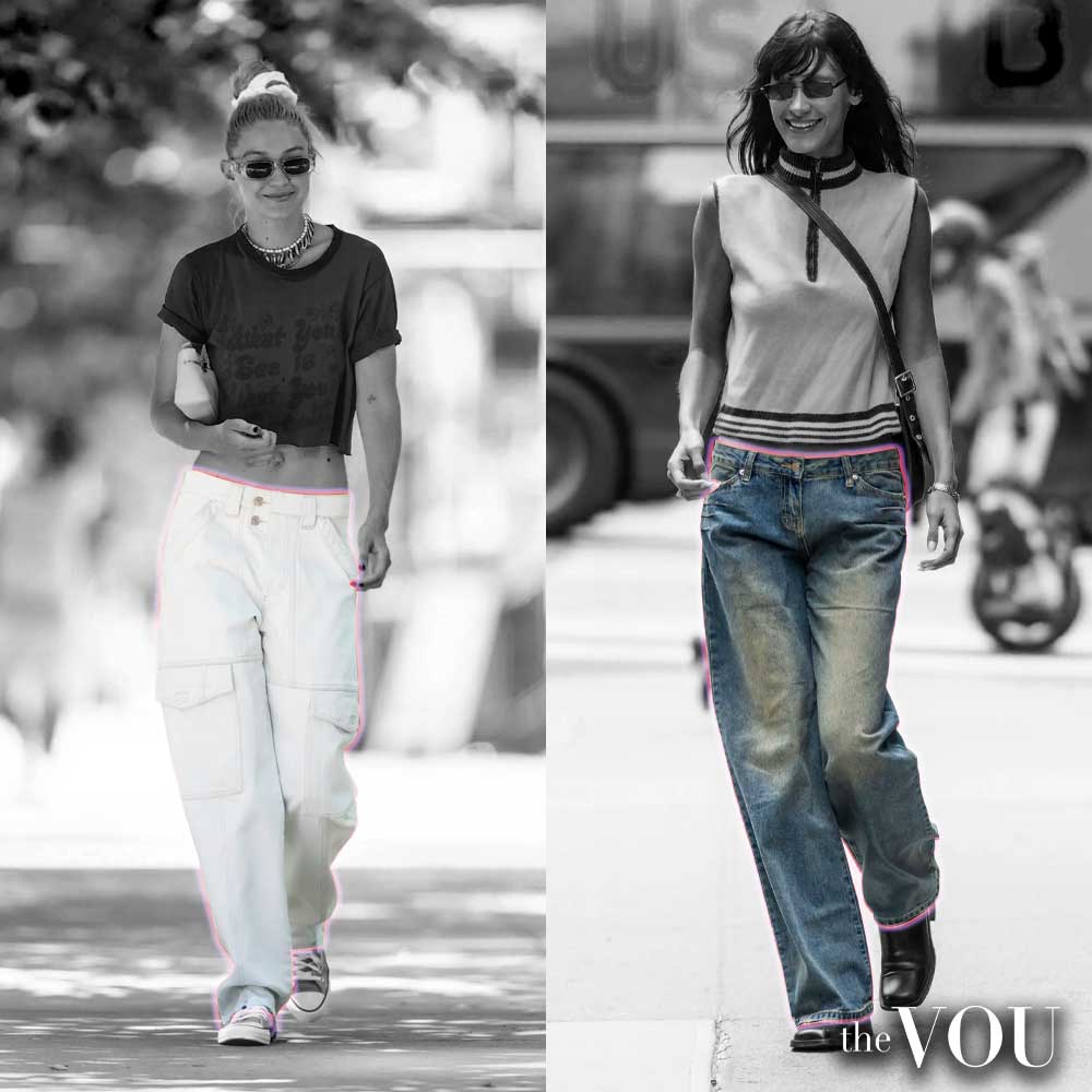 Bella Hadid and Gigi Hadid in low-rise baggy jeans