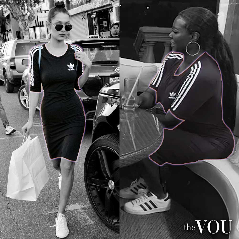 Bella Hadid and Kenya Moore in Adidas dresses