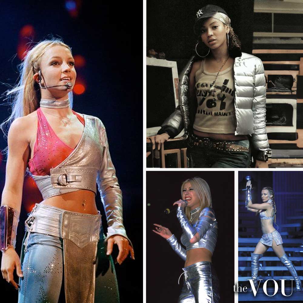 Britney Spears, Beyoncé, Christina Aguilera and Kylie Minogue in cyber y2k outfits