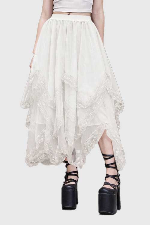 Goth Solid Asymmetrical Hem Mesh Overlay Skirt