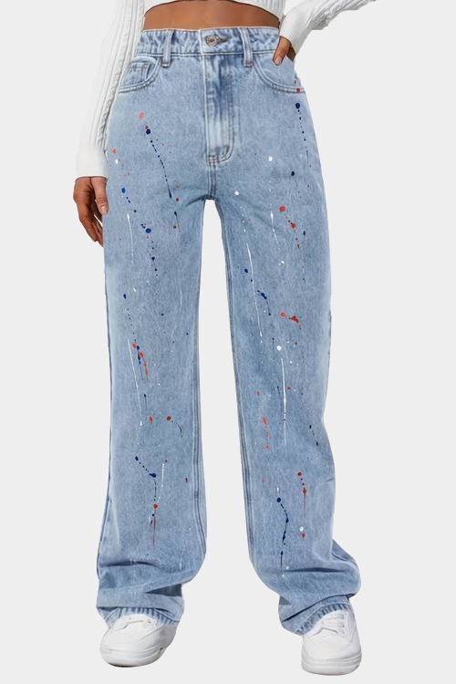 Graffiti Print Washed Blue Casual Denim Pants, Slash Pocket Loose Fit Jeans, Women's Denim Jeans