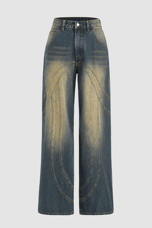 Mid Waist Washed Button Wide Leg Jeans