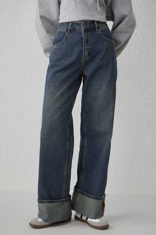 Middle Waist Solid Button Wide Leg Jeans