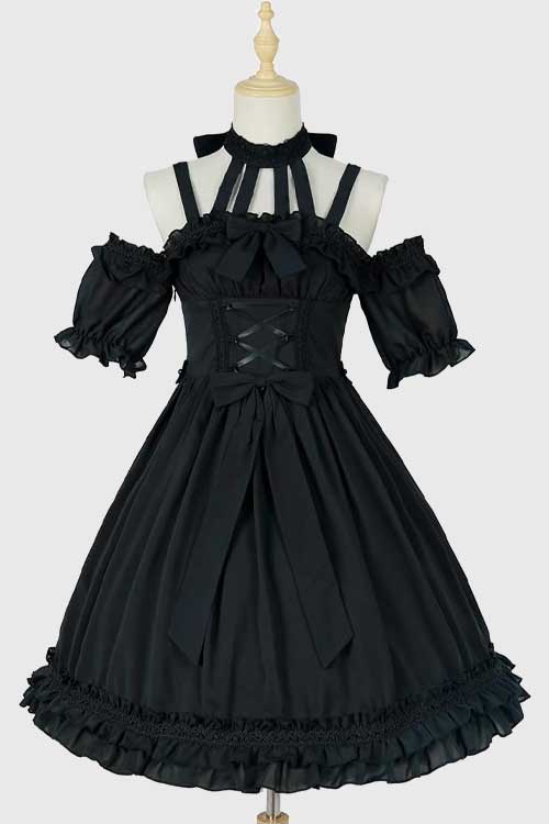 Mingyuezai Halloween Gothic Elegant Suspender Short Sleeve Party Dress with Ruffled Costume Dress