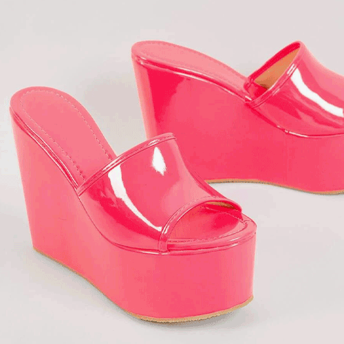 Neon Pink Round Toe Wedge Sliders