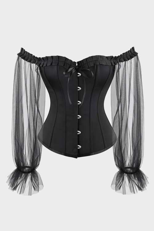 Off Shoulder Neck Corsets For Women Sheer Mesh Long Puff Sleeve Overbust Corset Gothic Lace-up Boned Bustier Tops Black