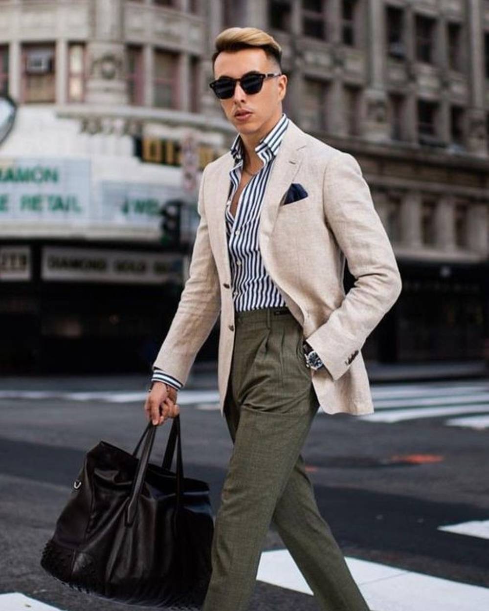 old money style men white linen blazer, pinstripe dress shirt, khaki chino pants, penny loafers
