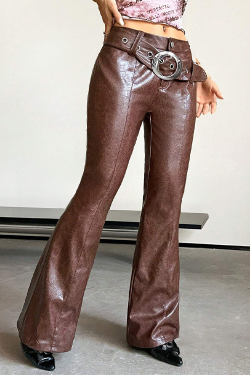 Solid PU Leather Flare Leg Belted Pants
