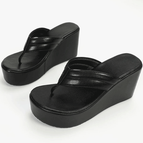 Women Black Wedge Slide Sandals, Fashionable Toe Post Sandals For Daily