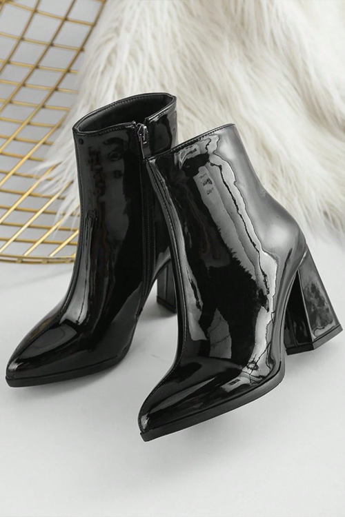 Women Fashionable Elegant Patent Leather Side Zipper Chunky Ankle Boots