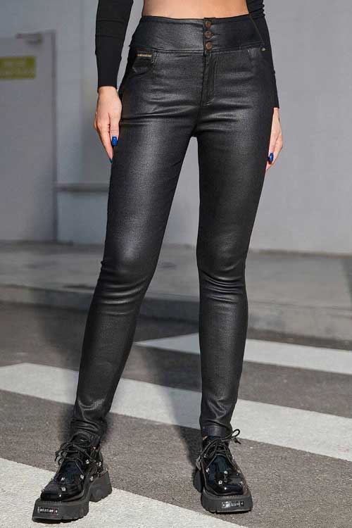 Zip Button High Waist Fly PU Leather Skinny Pants