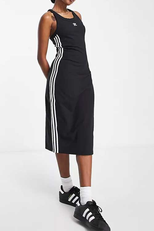 adidas Originals three stripe sleeveless midi dress in black