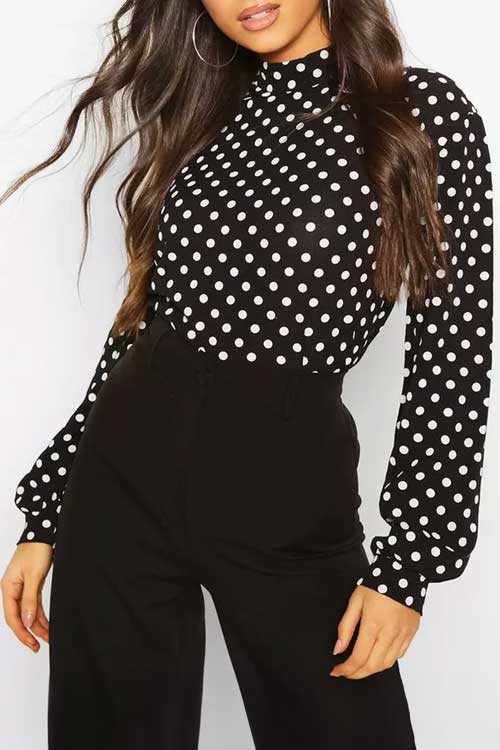 black polka dot high neck blouse