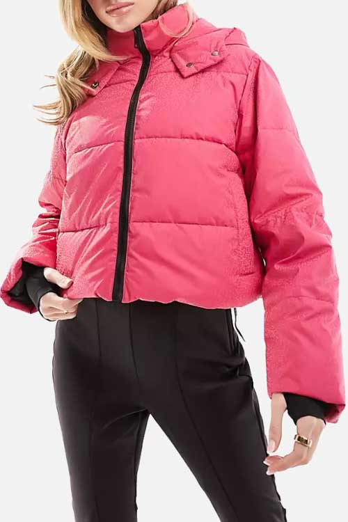  hooded puffer coat in iridescent pink