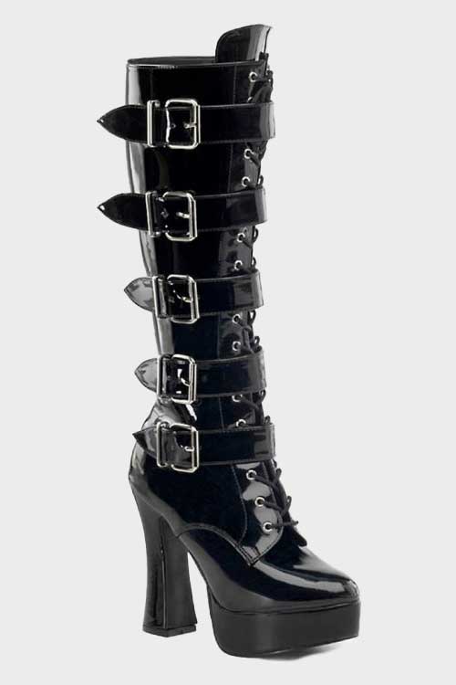 leather platform knee-high boots with straps