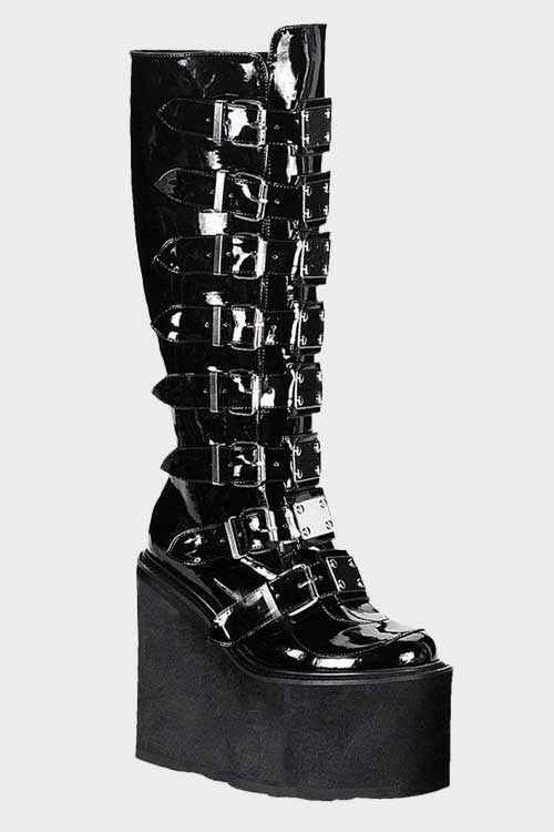 pvc platform knee-high boots with straps