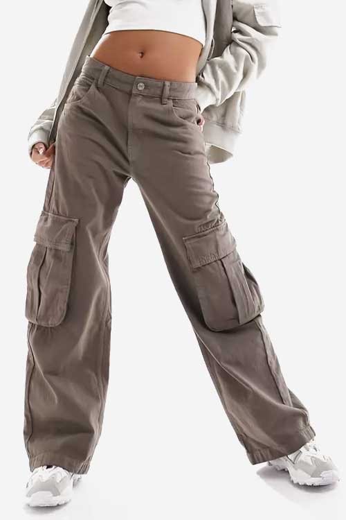 wide leg cargo pants in washed brown