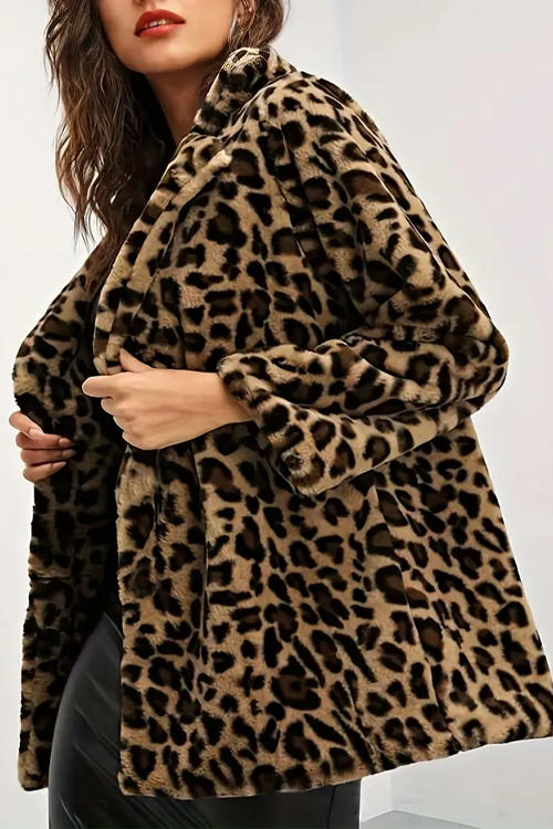Leopard Open Front Coat , Casual Long Sleeve Warm Outwear, Women's Clothing