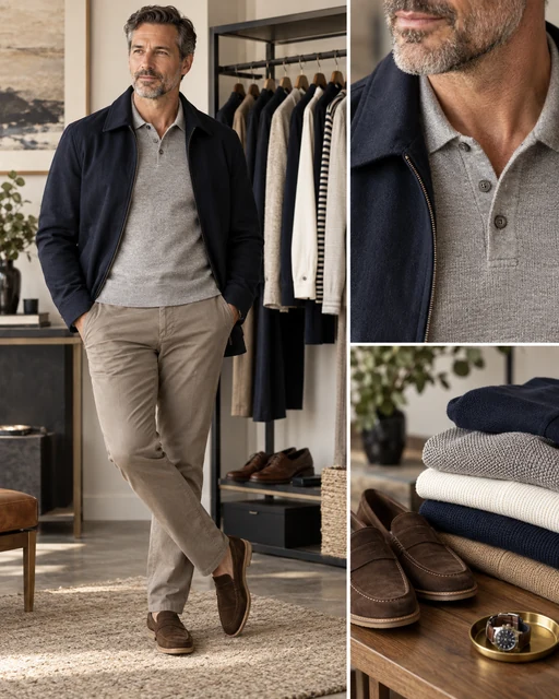 AI-generated menswear styling collage; illustrative, not Ricky Bach or their client work.
