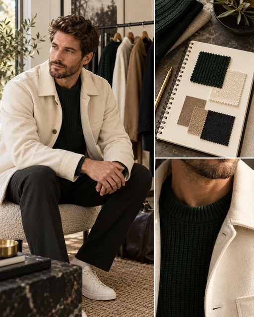 AI-generated menswear styling collage; illustrative, not Laura or their client work.