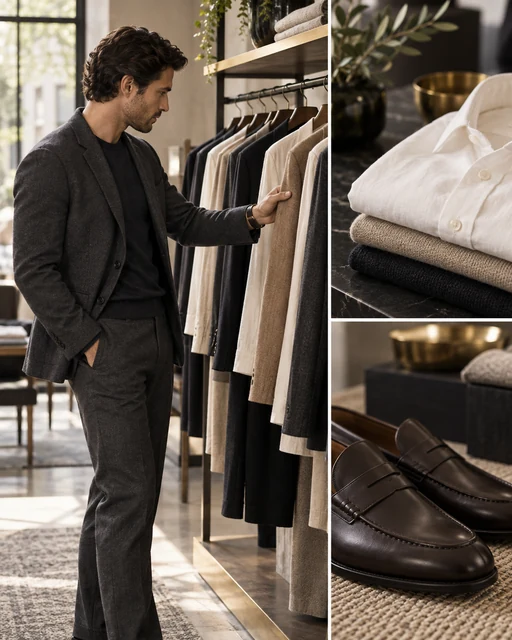 AI-generated menswear styling collage; illustrative, not Marjorie Dupuis or their client work.