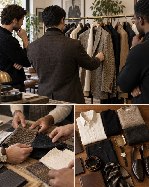 AI-generated menswear styling collage; illustrative, not Rebecca Matthews or their client work.