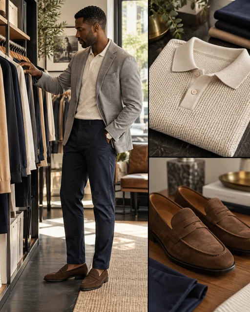 AI-generated menswear styling collage; illustrative, not Cleo Lacey or their client work.