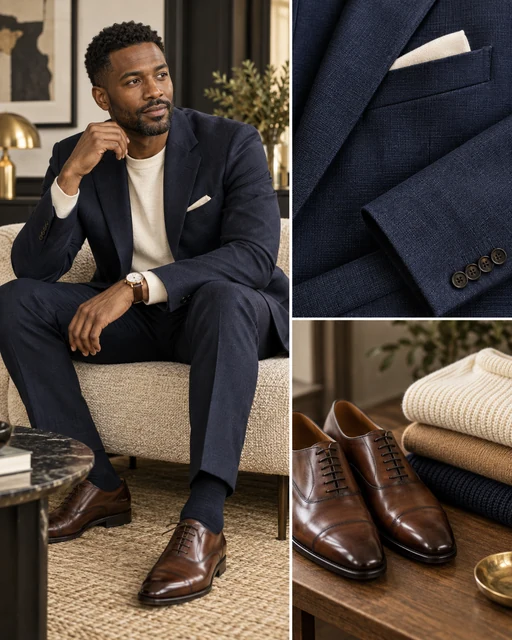 AI-generated menswear styling collage; illustrative, not Kobi O. Mbagwu or their client work.