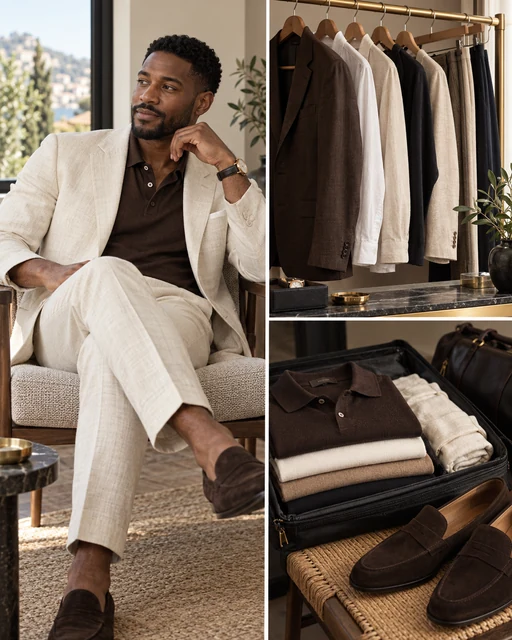 AI-generated menswear styling collage; illustrative, not Victoria or their client work.