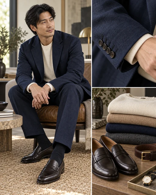 AI-generated menswear styling collage; illustrative, not Kamryn Edie or their client work.