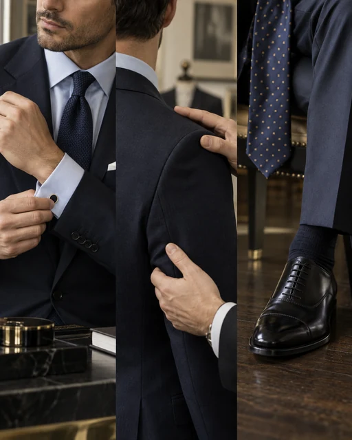AI-generated menswear styling collage; illustrative, not Natalia Kobriseva or their client work.