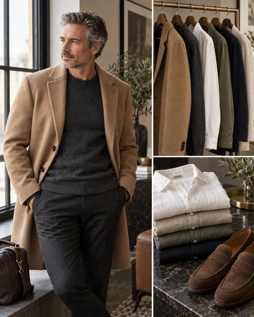 AI-generated menswear styling collage; illustrative, not Michelle Kilroy or their client work.
