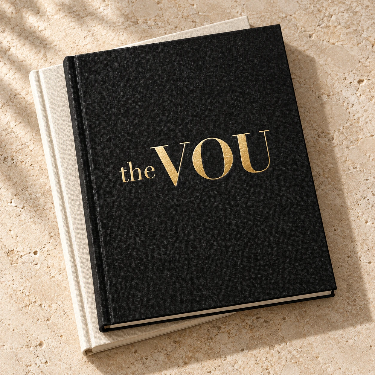Illustrative cloth-bound books with an embossed The VOU wordmark