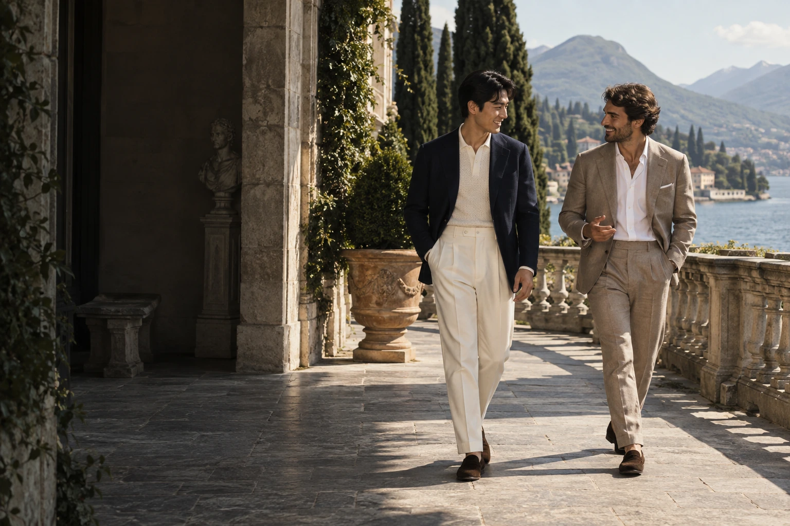Two men in navy and taupe tailoring walking beside a lake